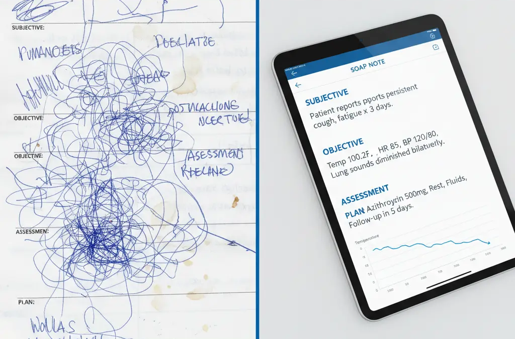 Virtual medical scribe writing SOAP note examples on computer screen