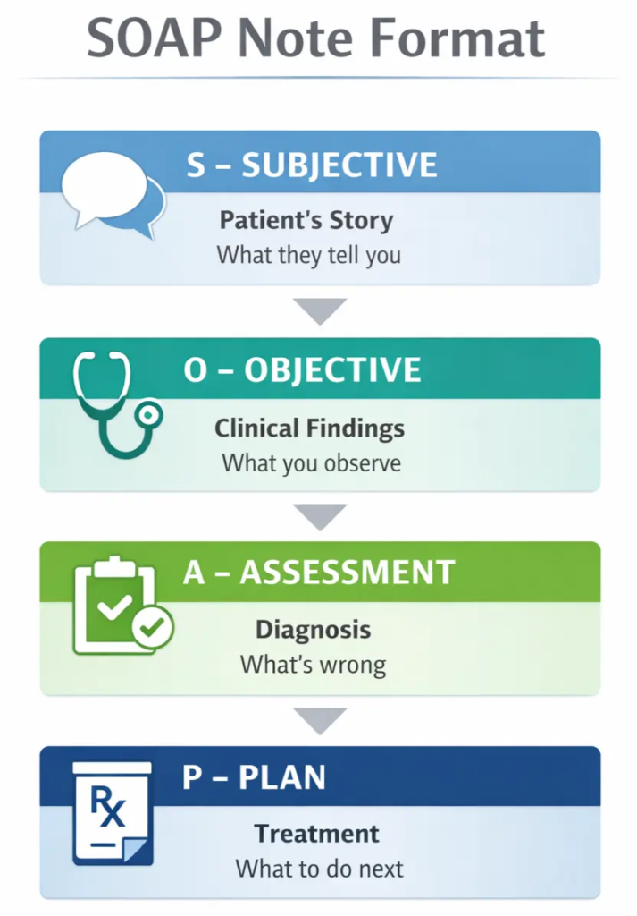 SOAP note structure diagram showing Subjective Objective Assessment and Plan sections