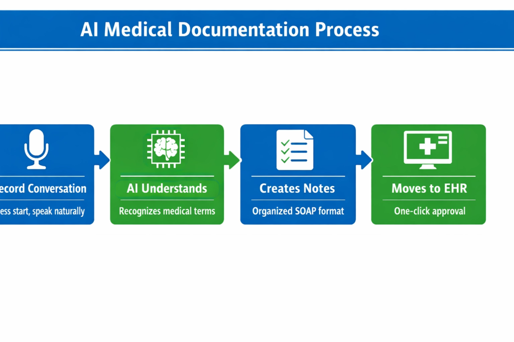 Four step process of AI medical documentation from recording to EHR integration