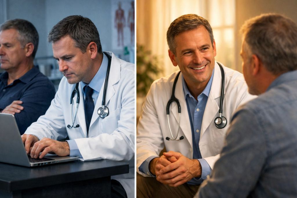 Doctor maintaining eye contact with patient during medical visit without computer distraction