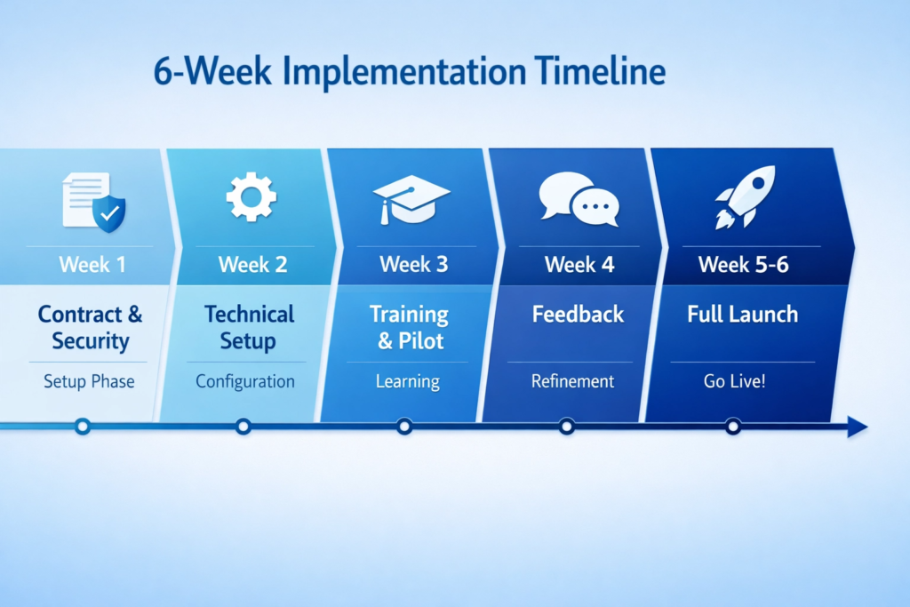 Six week implementation timeline for AI medical documentation from contract to go-live