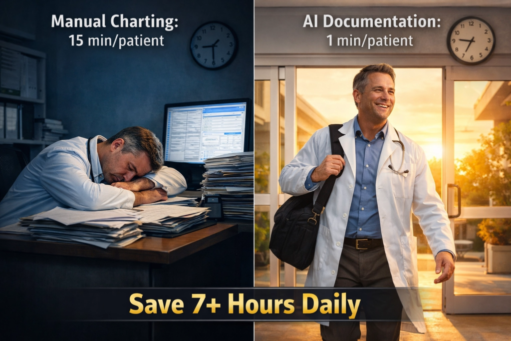 Time savings comparison showing AI documentation saves 7 hours daily versus manual charting