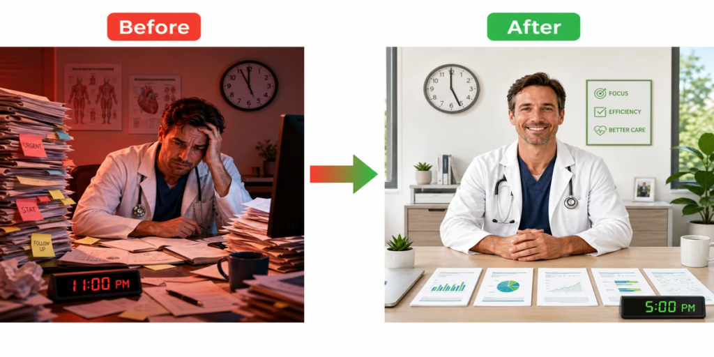 Rectangle 18136 Before and after illustration of a doctor's day: Before showing stressed doctor surrounded by charts at 11 PM, after showing relaxed doctor with clean desk at 5 PM