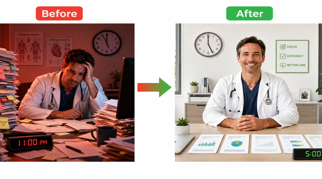 Before and after illustration of a doctor's day: Before showing stressed doctor surrounded by charts at 11 PM, after showing relaxed doctor with clean desk at 5 PM