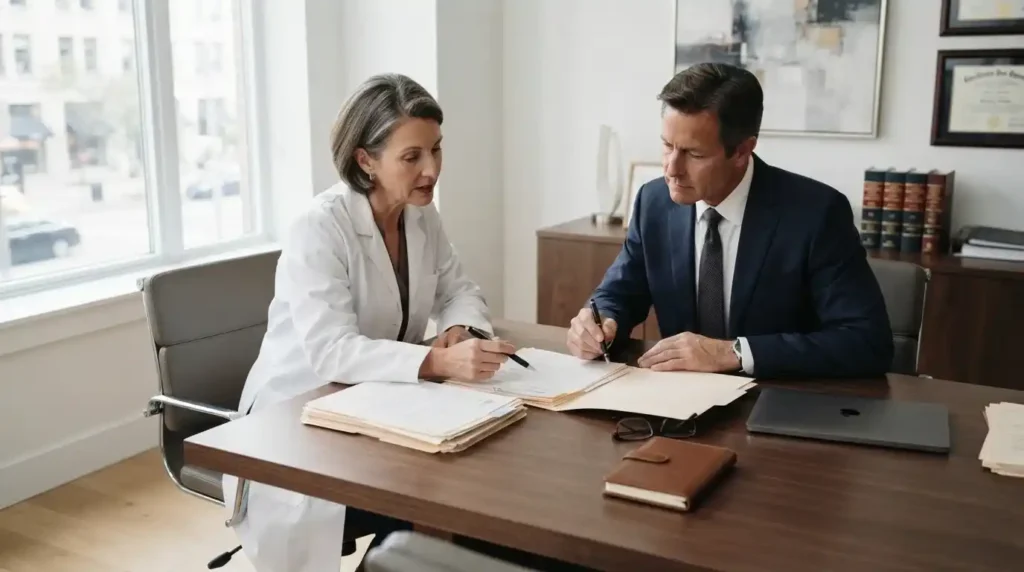 Attorney and doctor reviewing medical case files to prepare a physician affidavit
