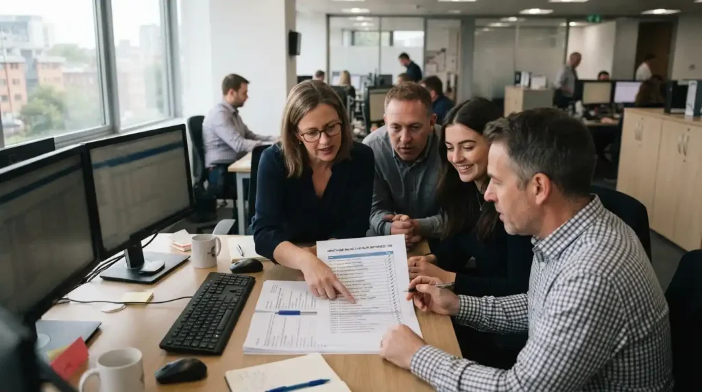 Healthcare finance team reviewing revenue cycle reports in a hospital billing office
