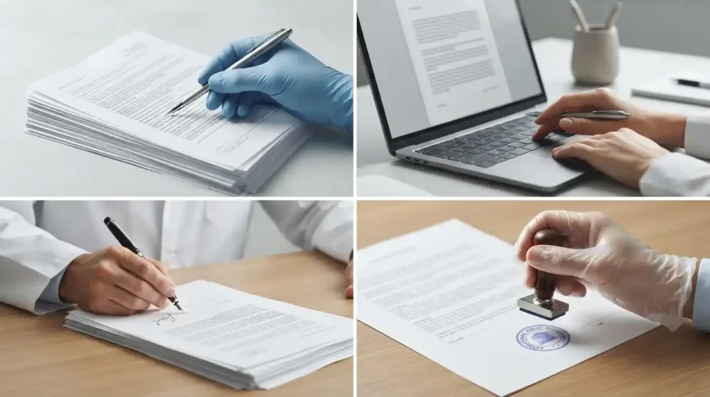 Doctor reviewing paperwork under time pressure while preparing a physician affidavit