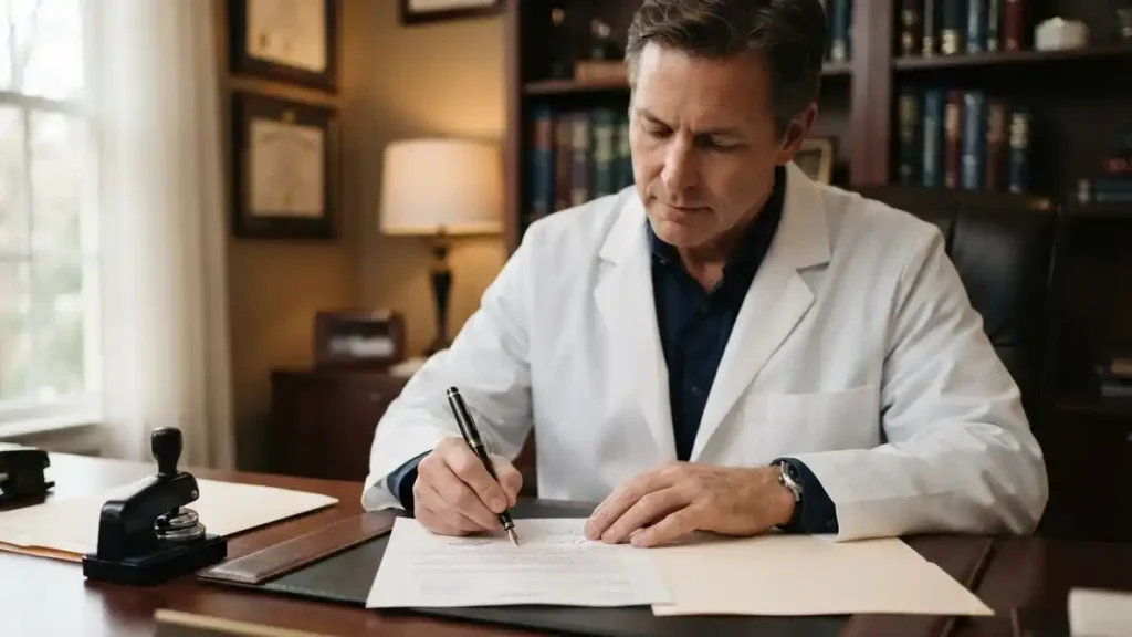 Doctor signing a physician affidavit document at a desk with a notary stamp nearby