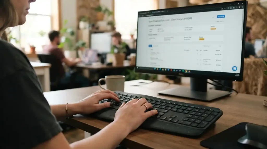 Close-up of medical billing specialist entering CPT and ICD-10 codes on computer