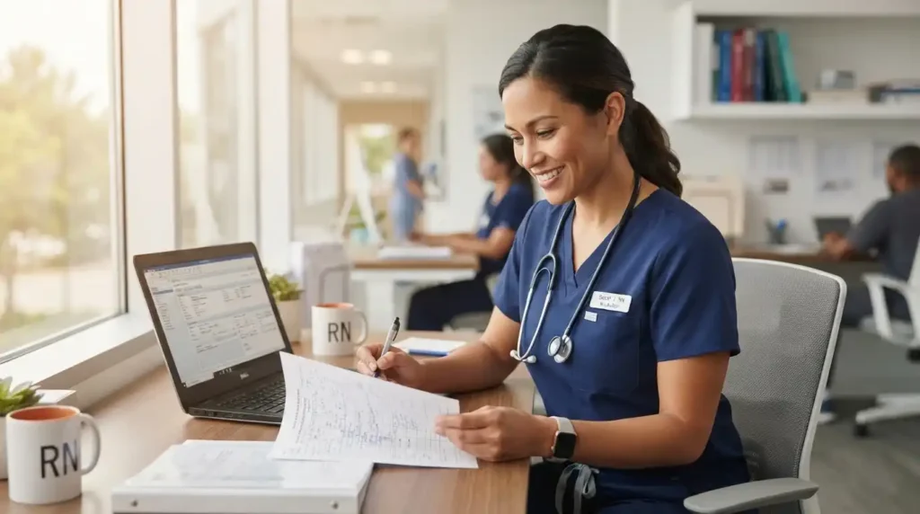 What does a nurse auditor do - nurse auditor reviewing patient chart in hospital office
