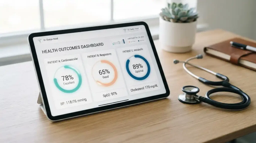 Modern digital dashboard graphic comparing key performance features, pricing models, and EHR integration capabilities of ambient clinical intelligence software platforms.