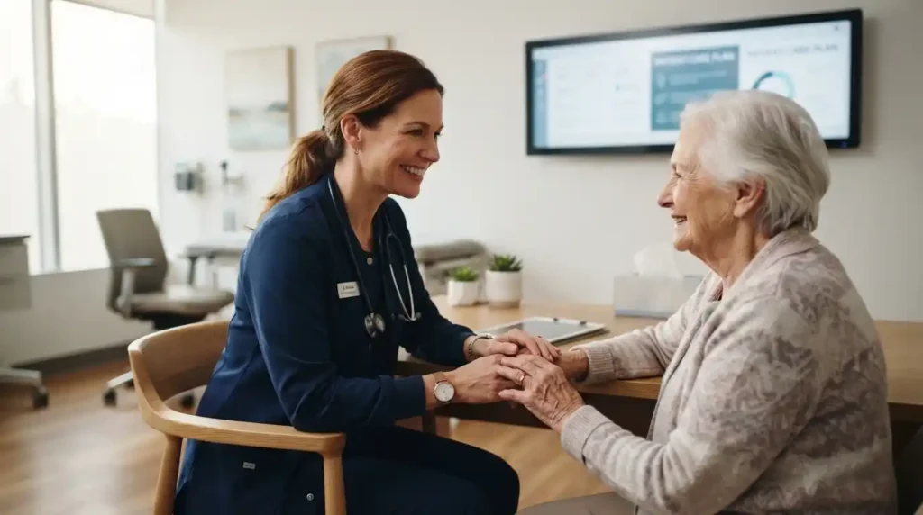 Rectangle 18136 Female doctor having an attentive, hands-free conversation with a patient in a bright medical exam room using ambient AI clinical documentation technology.