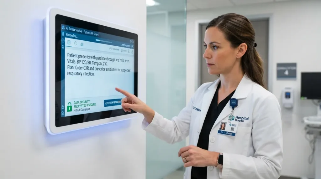 Physician interacting with a wall-mounted AI clinical scribe screen representing the future of healthcare BPO trends.