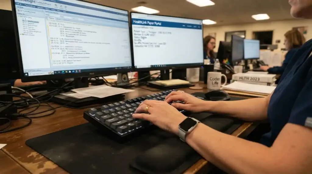 Professional healthcare BPO administrator reviewing medical billing software on a tablet in a modern office.