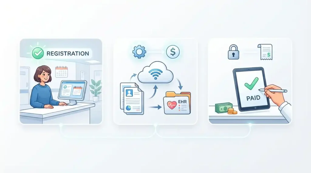 Rectangle 18136 A conceptual image illustrating how technology is transforming revenue cycle management. Physical medical files are morphing into digital data streams flowing into a sleek dashboard, highlighting RCM automation and digital transformation in healthcare.