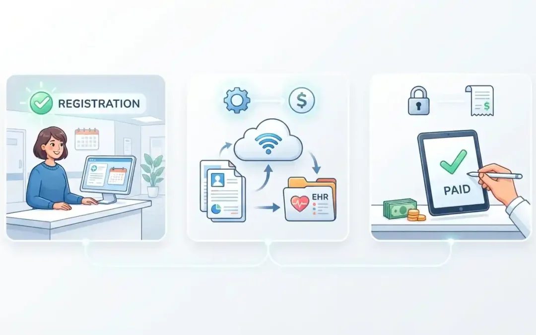 A conceptual image illustrating how technology is transforming revenue cycle management. Physical medical files are morphing into digital data streams flowing into a sleek dashboard, highlighting RCM automation and digital transformation in healthcare.