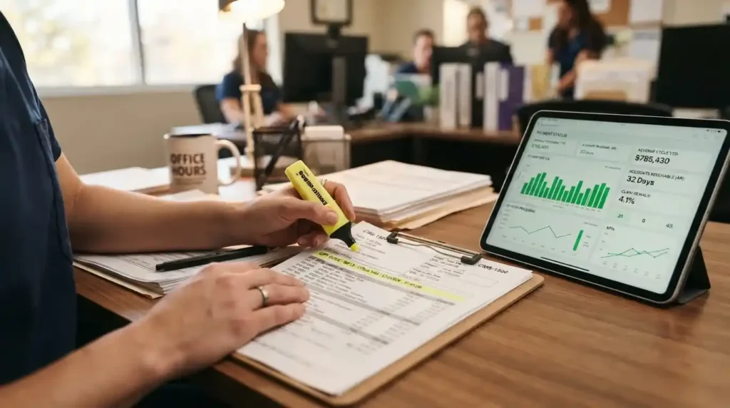 medical billing specialist reviewing highlighted claim paperwork and financial analytics