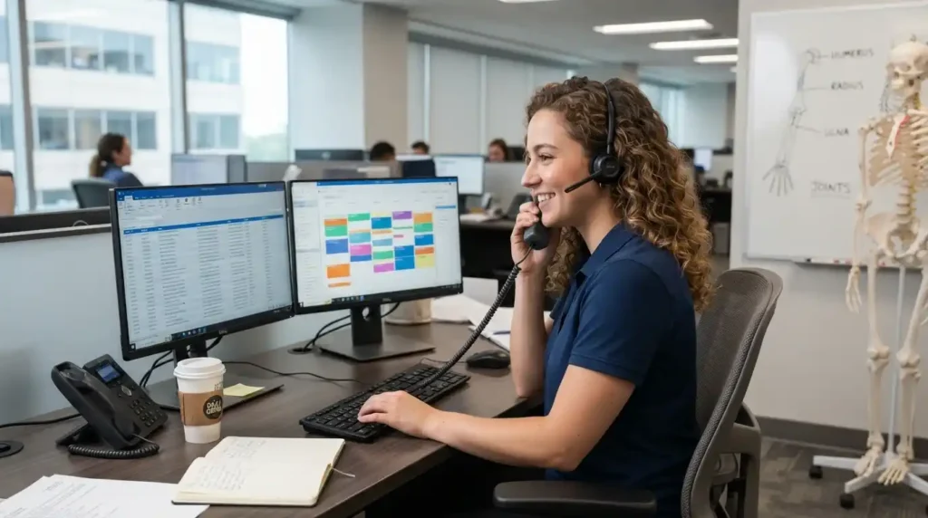 Rectangle 18136 Medical call center agent handling patient triage and EHR scheduling for an orthopedic answering service.