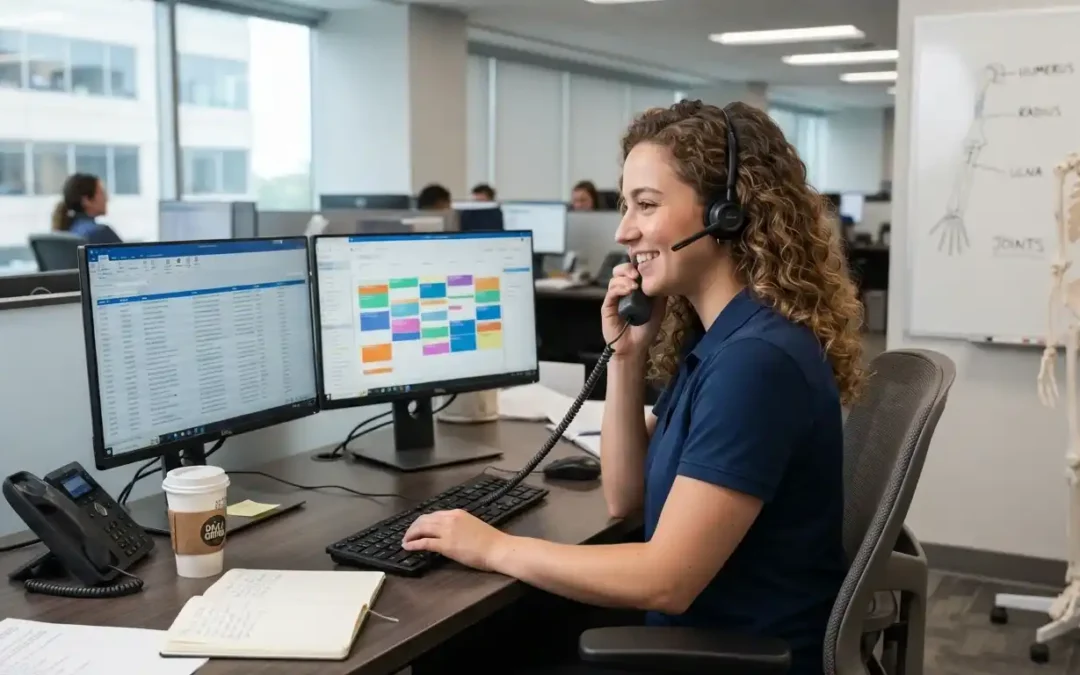 Medical call center agent handling patient triage and EHR scheduling for an orthopedic answering service.