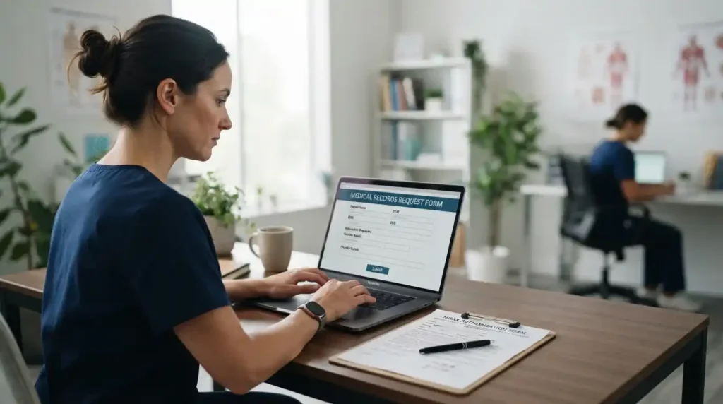 Professional filling out a medical records request and authorization form on a laptop