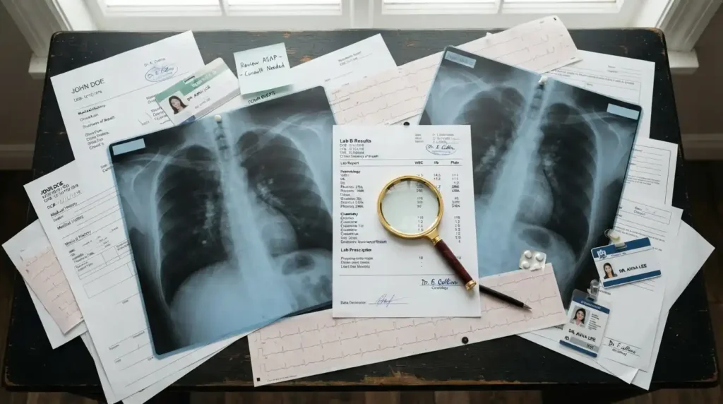 Scattered medical documents and lab reports representing the complexity of healthcare documentation