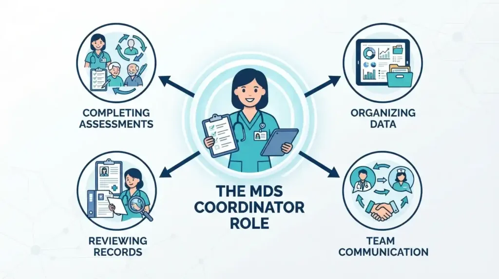 Infographic outlining the core responsibilities of an MDS coordinator in a skilled nursing facility