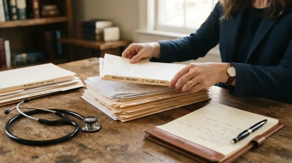 Rectangle 18136 Lawyer organizing medical record documents and files on a desk for a legal case