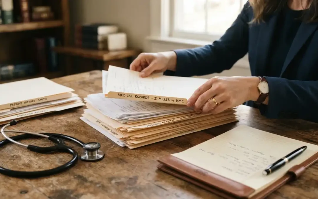 Lawyer organizing medical record documents and files on a desk for a legal case