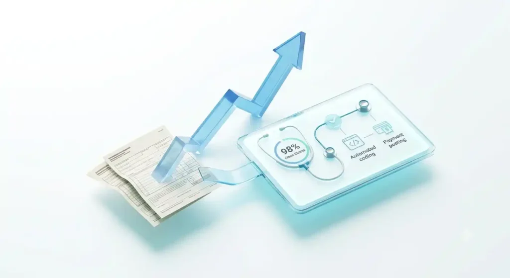 A visual metaphor for healthcare billing challenges, showing a transparent maze labeled "Complex Billing Rules" containing error icons. A nearby digital tablet displays a clear, green, clean claim path to help providers overcome billing denials.