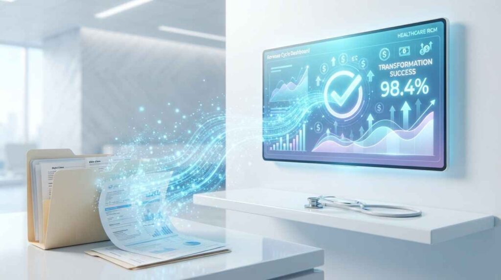 A minimalist 3D render showing an upward-trending arrow and a transition from paper forms to a modern tablet. The tablet displays healthcare billing best practices with metrics like "98% Clean Claims," emphasizing modern billing strategies and efficiency.