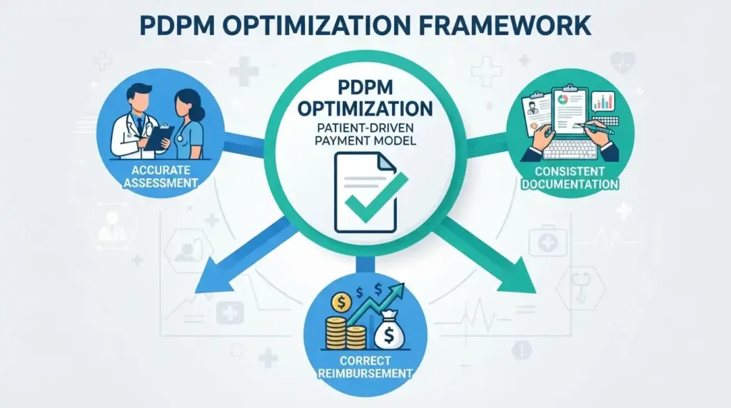 Infographic showing how PDPM optimization connects assessment accuracy, documentation, and reimbursement