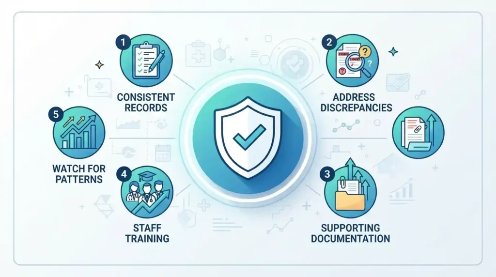 Infographic showing five strategies skilled nursing facilities use to reduce PDPM audit risk