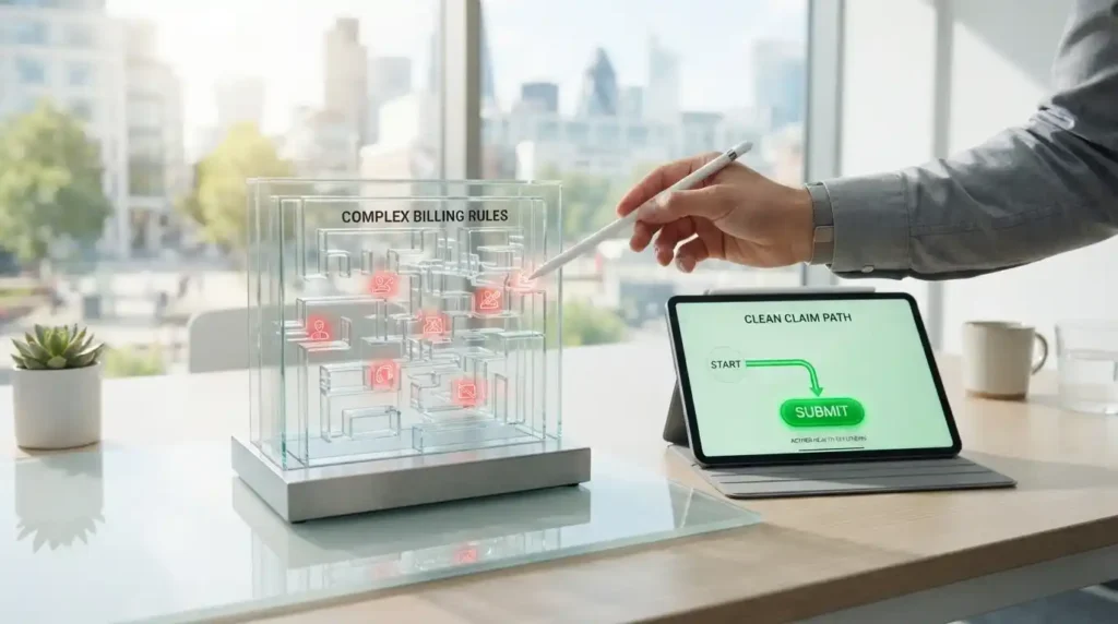 A conceptual image illustrating how technology is transforming revenue cycle management. Physical medical files are morphing into digital data streams flowing into a sleek dashboard, highlighting RCM automation and digital transformation in healthcare.